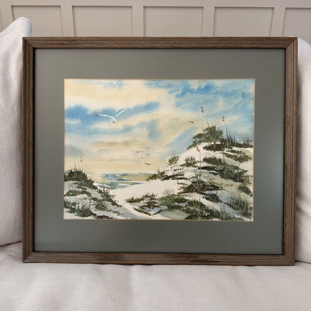 WM Weber Signed Custom Framed Art Watercolor Painting Beach Seagulls Ocean Dune